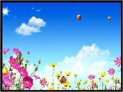 Kolorowe, Niebo, Balony, Motyle, Wiosna, Kwiatki